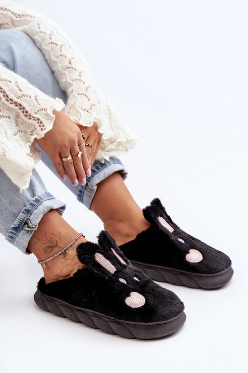 Damskie Futrzane Kapcie Z Króliczkiem Czarne Naveritte