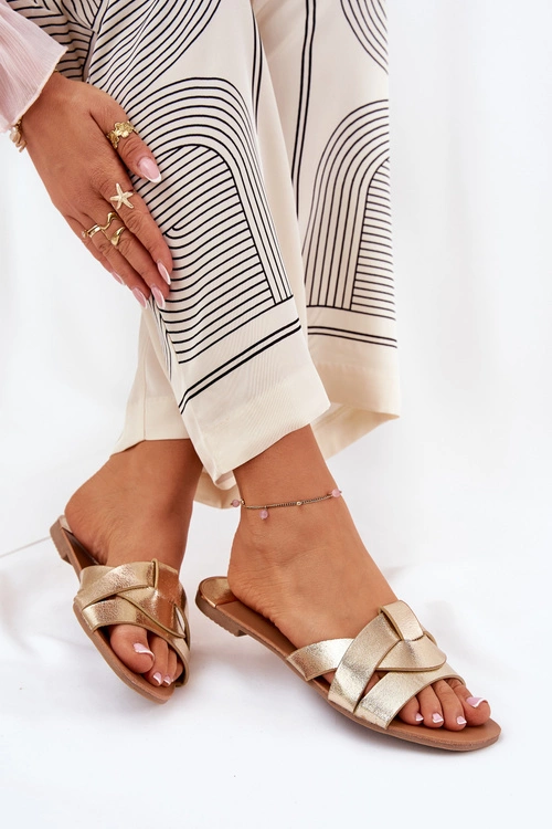 Płaskie Klapki Damskie Z Przeplatającymi Się Paskami Złote Selaenor