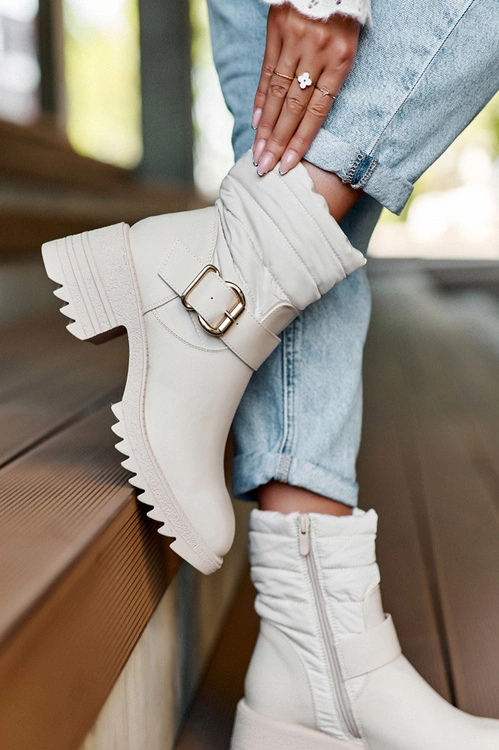 Ocieplane Skórzane Botki Z Klamrą Beżowe Osonia