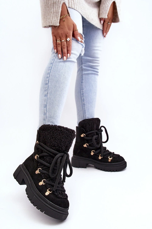 Trapery Śniegowce Damskie Z Wiązaniem Czarne Shala