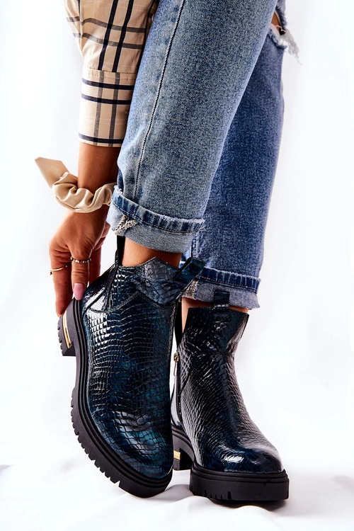 Skórzane Botki Ocieplane Krokodyl Zielone Tanya