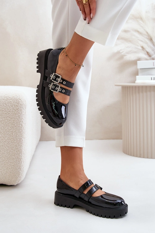 Półbuty Damskie Z Paskami Lakierowane Czarne Terione