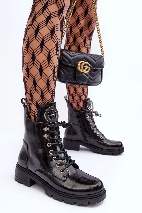 Lakierowane Botki Workery Z Ozdobą Czarne Emmber