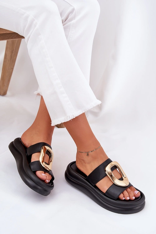 Klapki Damskie Na Platformie Ze Złotym Detalem Czarne Ularinea