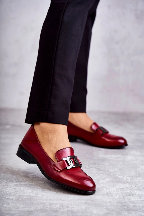 Modne Skórzane Półbuty Loafery Bordowe Trine