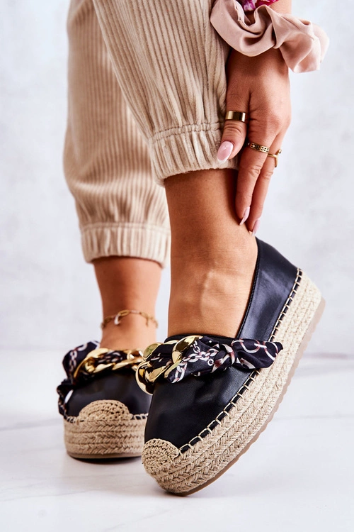 Skórzane Damskie Espadryle Z Łańcuchem Czarne Fancy