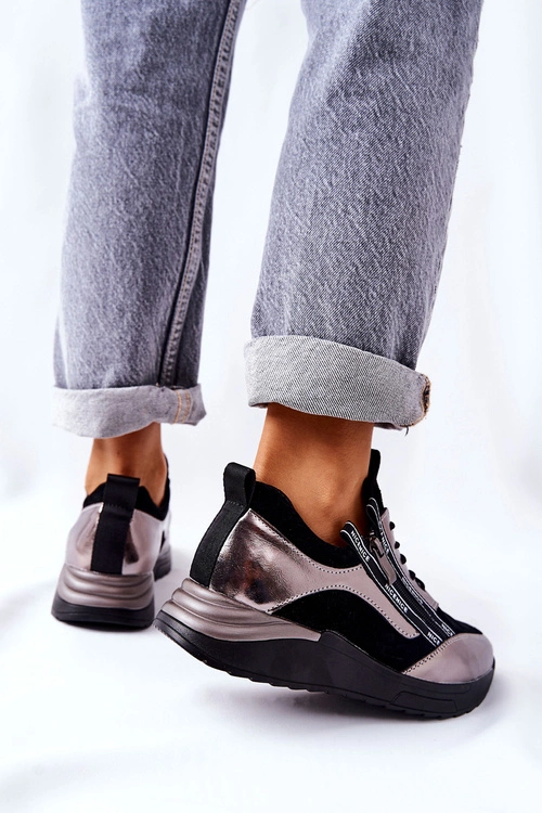 Skórzane Sportowe Buty Sneakersy Czarno Srebrne Minor