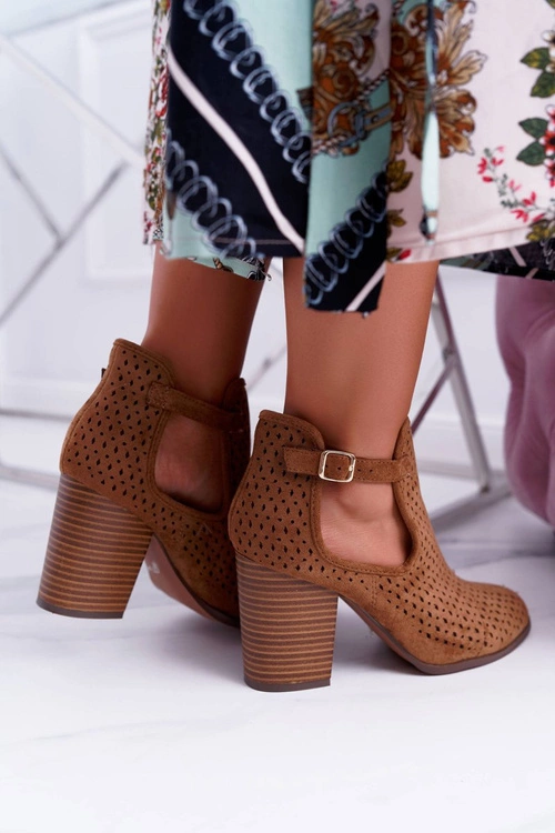 Botki Damskie Na Obcasie Wiosenne Ażurowe Camel GoodDay