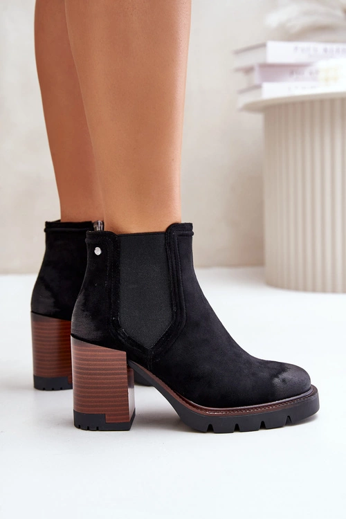 Ocieplane Botki Damskie Na Słupku Z Eko Zamszu Vinceza 58356 Czarne