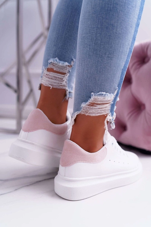 Sportowe Damskie Buty Gruba Podeszwa Białe Różowe Skirt