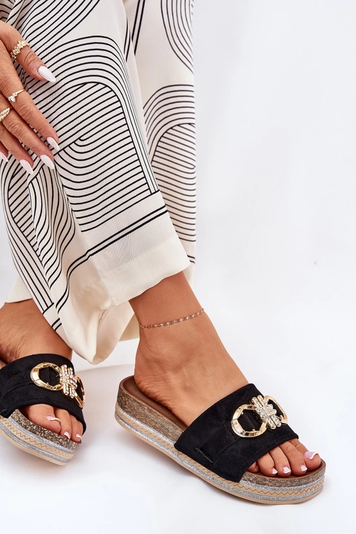 Klapki Damskie Na Platformie Z Brokatem I Złotą Ozdobą Czarne Rilirea