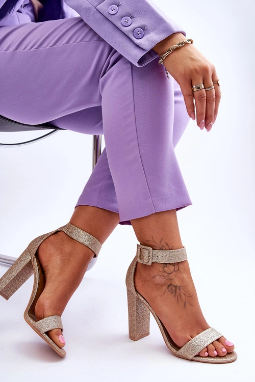 Sandały Damskie Na Słupku Ciemny Złoty Brokat Joalice