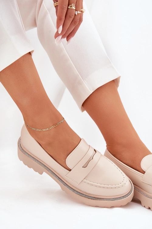 Mokasyny Damskie Eko Skórzane Z Cyrkoniami Beżowe Wilamla