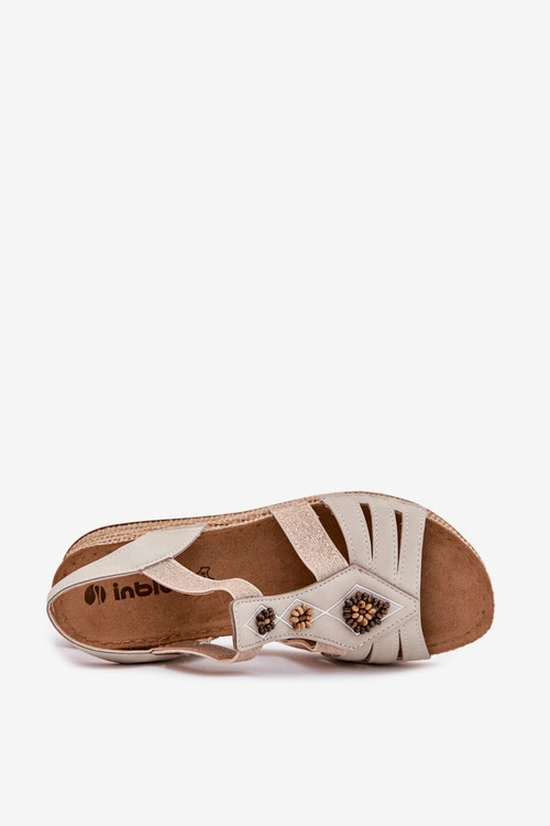 Sandały Damskie Na Koturnie Z Ozdobami Inblu RV000015 Jasnobeżowe