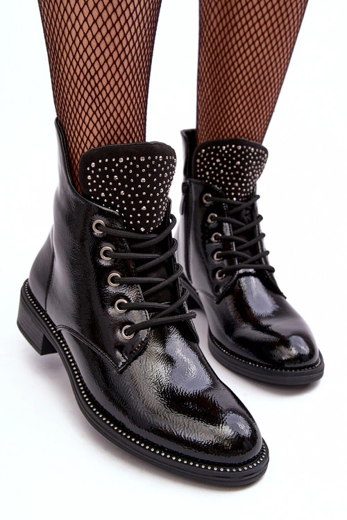 Zdobione Lakierowane Niskie Botki Damskie Czarne Hattia