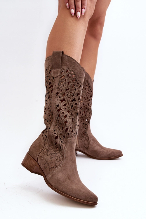 Zazoo 3403 Ażurowe Kozaki Damskie Na Niskim Obcasie Ciemnobeżowe