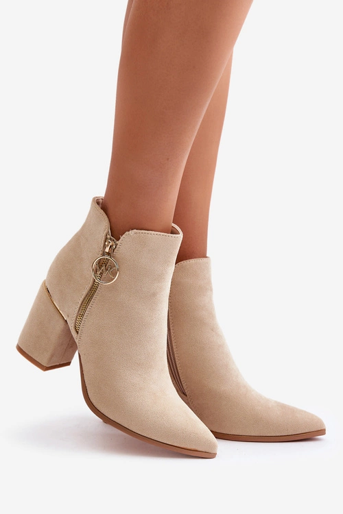 Botki Damskie Na Słupku Z Noskami W Szpic Eko Zamszowe Ocieplane Beżowe Raisha