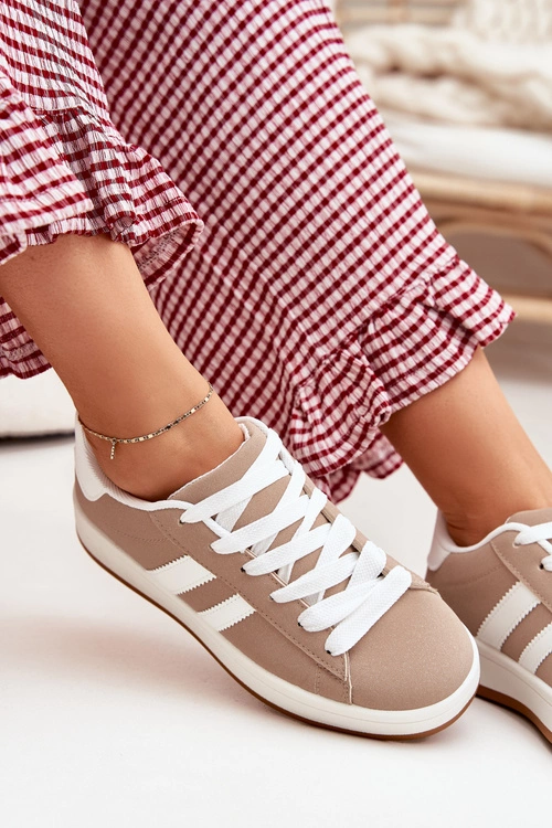 Buty Sportowe Sneakersy Damskie Z Eko Skóry Ciemnobeżowe Ravina