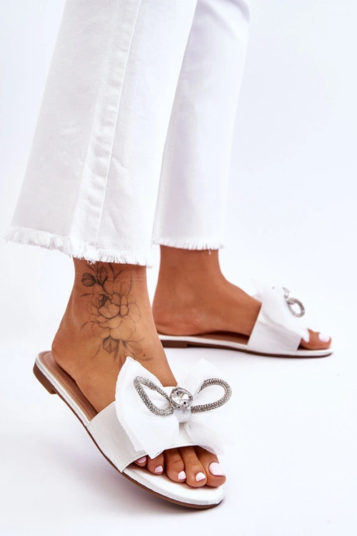 Damskie Klapki Z Kokardą I Cyrkoniami Białe Jolene