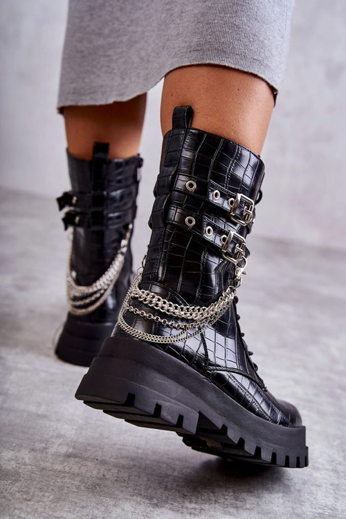 Wysokie Workery Botki Z Łańcuchem Wężowe Czarne Montero