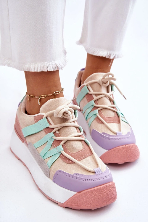 Damskie Zamszowe Buty Sportowe Na Platformie Beżowo-Różowe Rohan