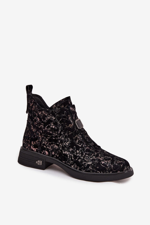 Botki Z Naturalnego Zamszu Na Niskim Obcasie D&A CR52-713 Czarno-Brązowe