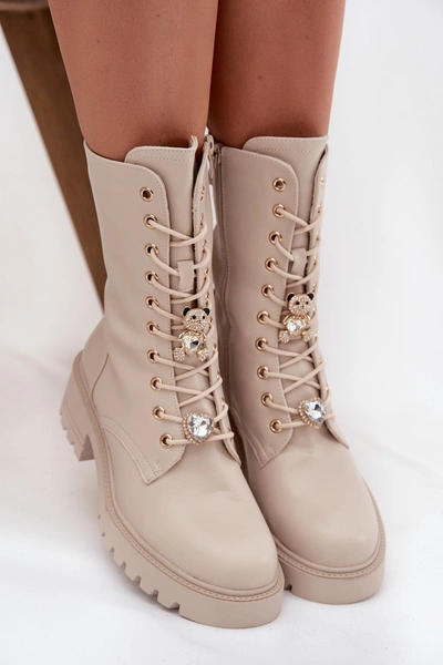 Botki Workery Damskie Z Przypinkami Miś Serce Beżowe Iravine