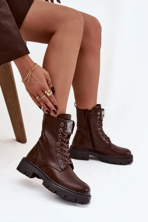 Botki Workery Damskie Z Ozdoba Eko Skórzane Czekoladowe Karessa