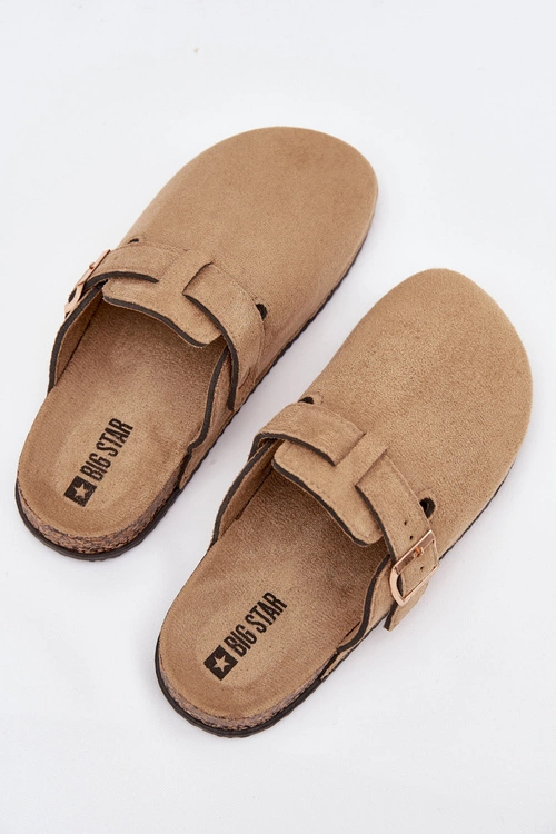 Klapki Chodaki Damskie Na Korkowej Platformie Ze Złotą Klamrą Big Star SS274738 Beżowe