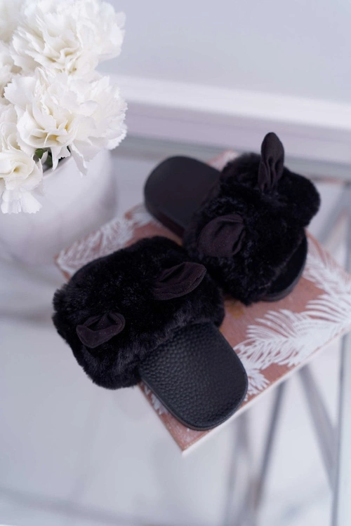 Dziecięce Klapki Z Futerkiem I Uszkami Czarne Thoa