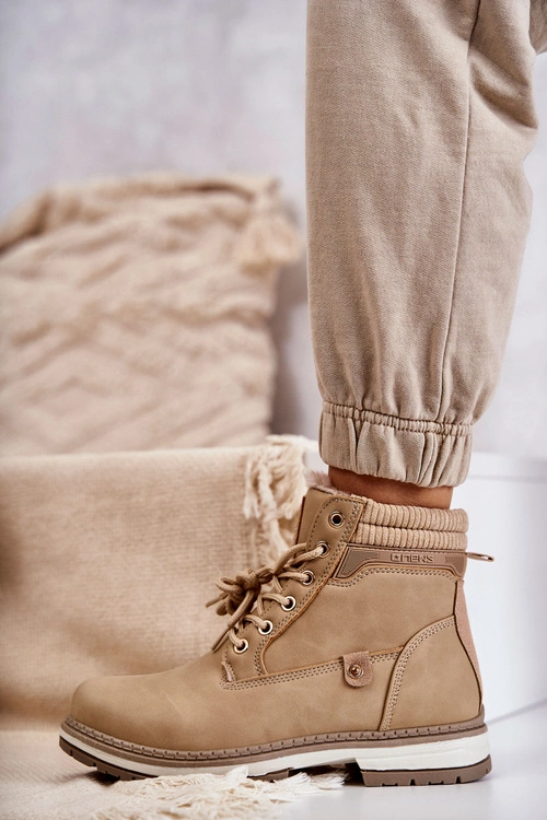 Damskie Ocieplane Botki Trapery Ciemny Beż Liv