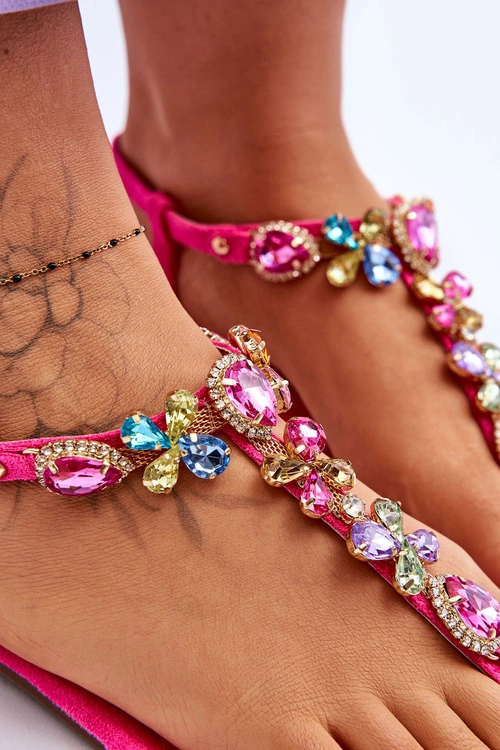 Zamszowe Sandały Japonki Z Kamieniami Różowe Frency