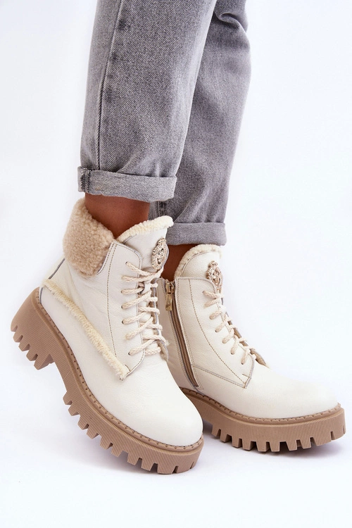 Damskie Skórzane Trapery Botki Kremowe Lemar Vergo