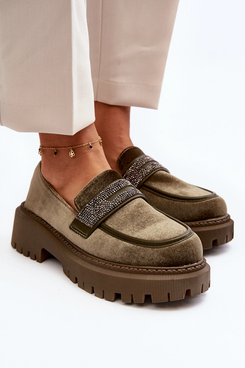 Damskie Welurowe Mokasyny Z Ozdobą Ciemnozielone Wendreda