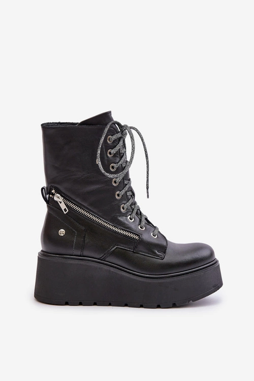 Skórzane Botki Workery Na Platformie I Koturnie Maciejka 06676-01 Czarne