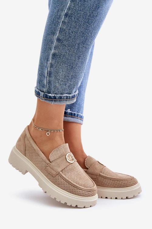 Damskie Półbuty Mokasyny Ze Złotym Detalem Khaki Arilva