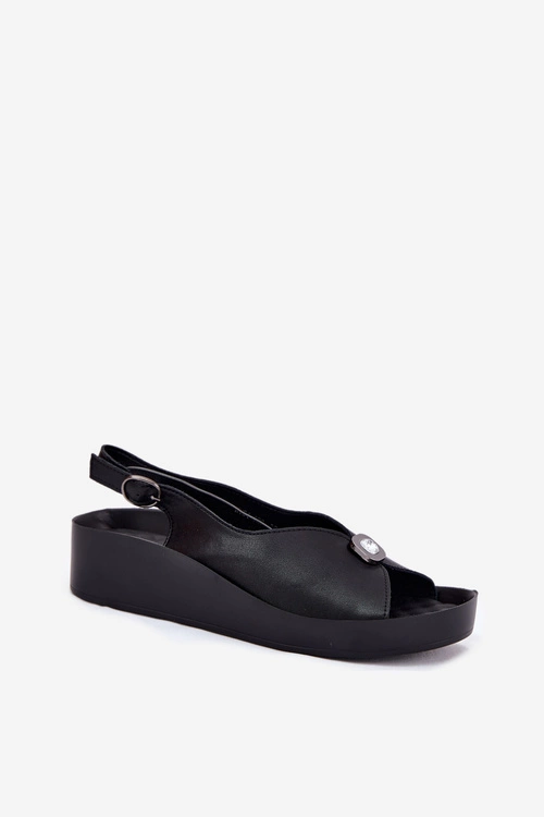 Skórzane Sandały Damskie Na Koturnie I Platformie S.Barski KV51-020 Czarne