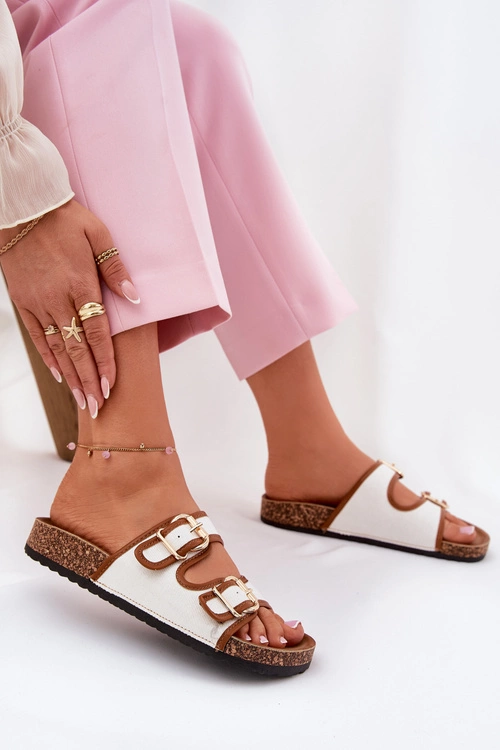 Materiałowe Klapki Damskie Na Korkowej Platformie Z Klamrami Białe Osoffe