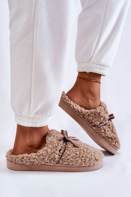 Damskie Futrzane Papcie Z Kokardką Beżowe Ryana