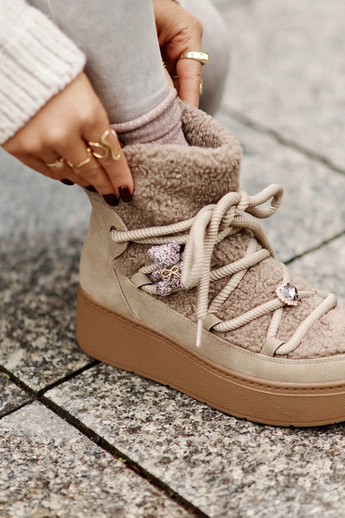 Śniegowce Damskie Z Przypinkami I Futerkiem Typu Baranek Brązowe Almatiza