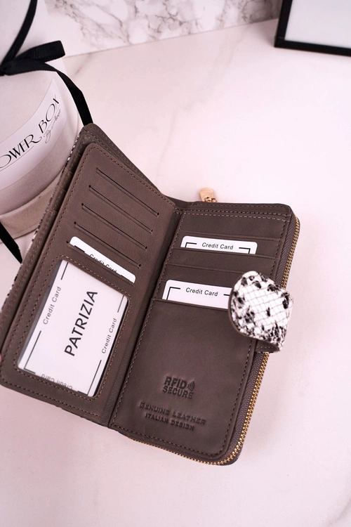 Duży Skórzany Portfel Damski PATRIZIA Lakierowany Szary