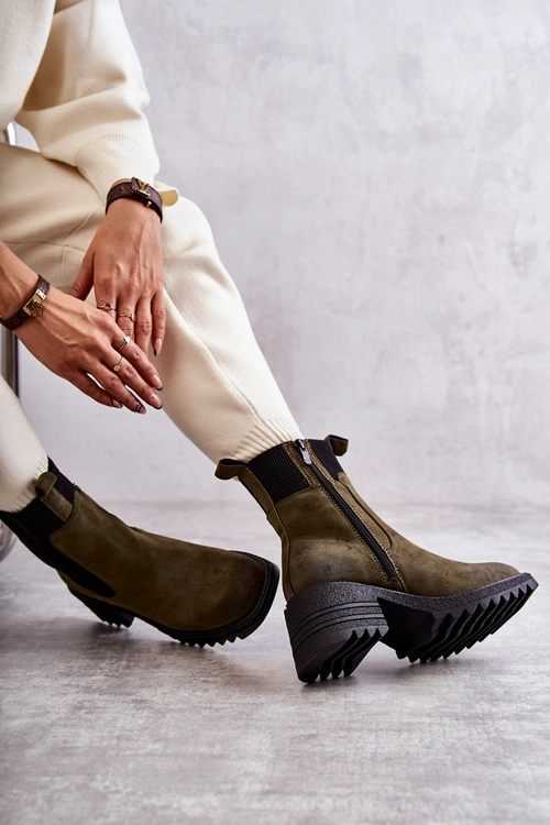 Damskie Ocieplane Botki Na Obcasie Zielone Abella