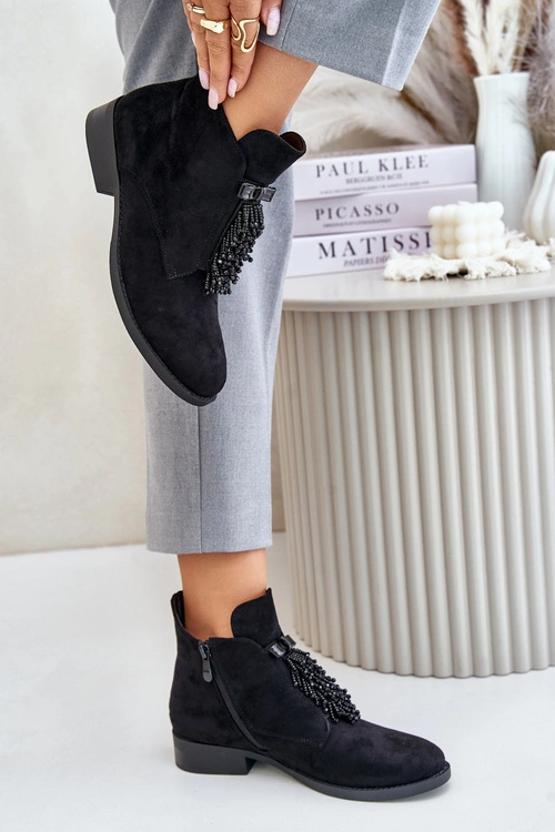 Ocieplane Niskie Botki Z Ozdobą Na Zamek S.Barski HY42-715 Czarne