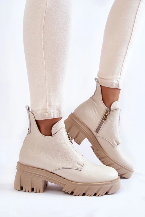 Damskie Skórzane Botki Z Ozdobą Jasnobeżowe Lemar Maley