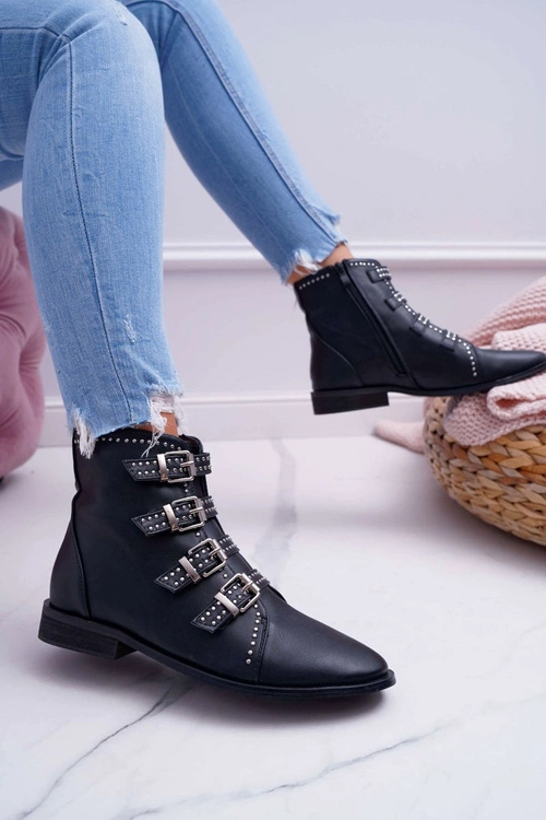 Damskie Botki Nity Klamry Czarne Berugio