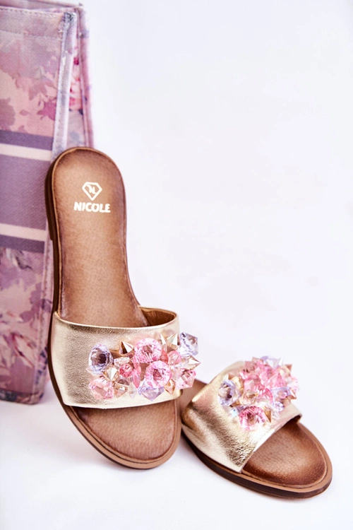 Skórzane Damskie Klapki Z Ozdobą Nicole 2726 Złote