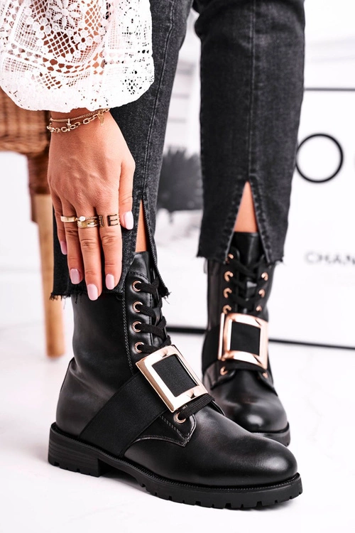 Botki Damskie Ze Złotą Klamrą Happy Su Czarne