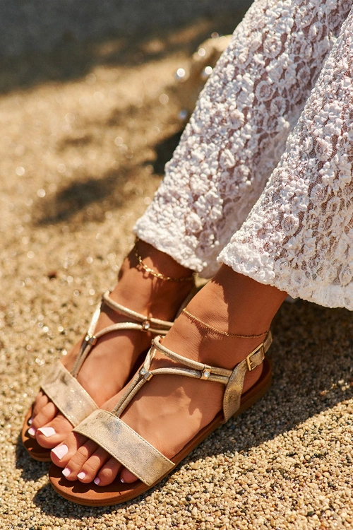 Damskie Płaskie Sandały Z Paskami S.Barski KV27-010 Złote