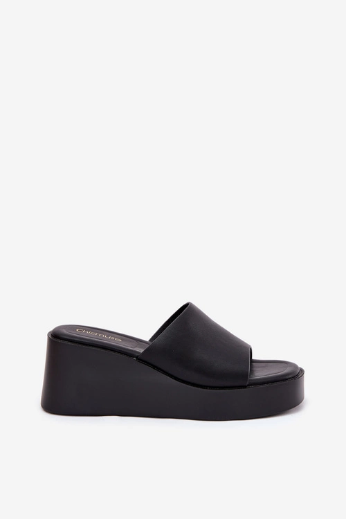 Klapki Damskie Na Koturnie Eko Skórzane Czarne Obenae