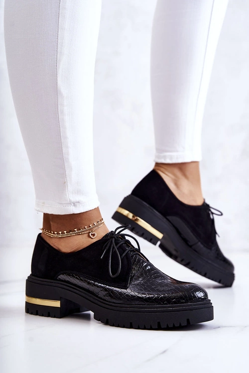 Damskie Skórzane Półbuty Wiązane Czarne Merevin